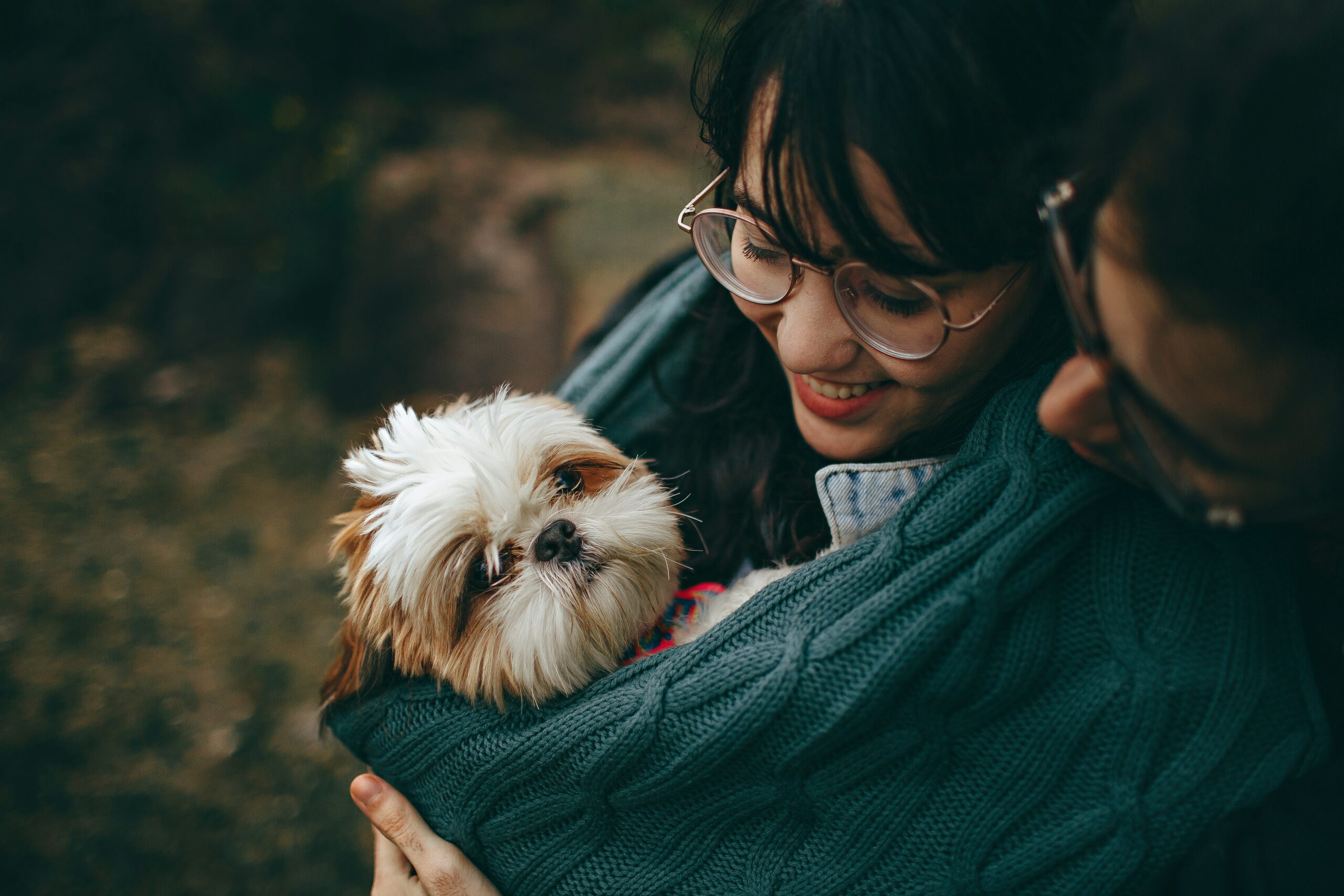 Happy smiling dog perfectly sitting next to its proud owner outside